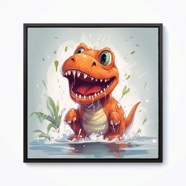 Warren Reed Dino Having A Splash Framed Canvas