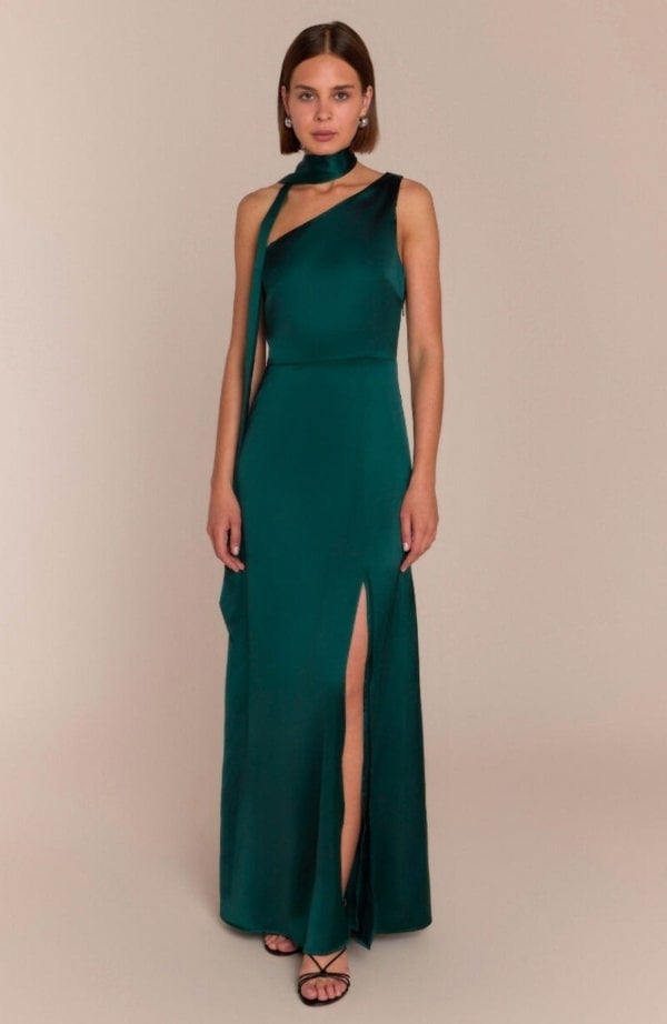 Rewritten London Porto Dress in Forest Green Satin