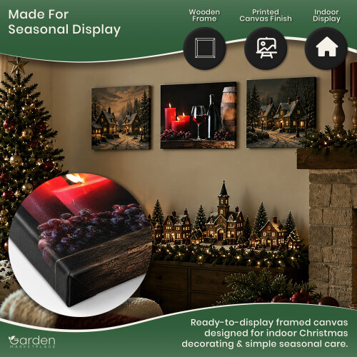 Barrel, Wine and Candles Christmas Canvas Print with LED Lights, 3 Flickering Candle Effects, 40 x 30 cm