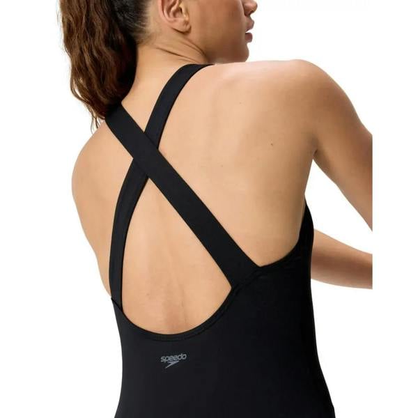 Black Speedo scoop neck swimsuit with crisscross back straps