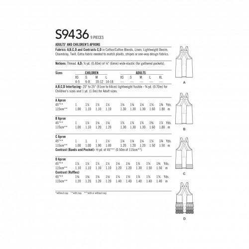 Simplicity Sewing Pattern 9436, Aprons for Women, Kids, A (XS - L / XS - XL) - Easy