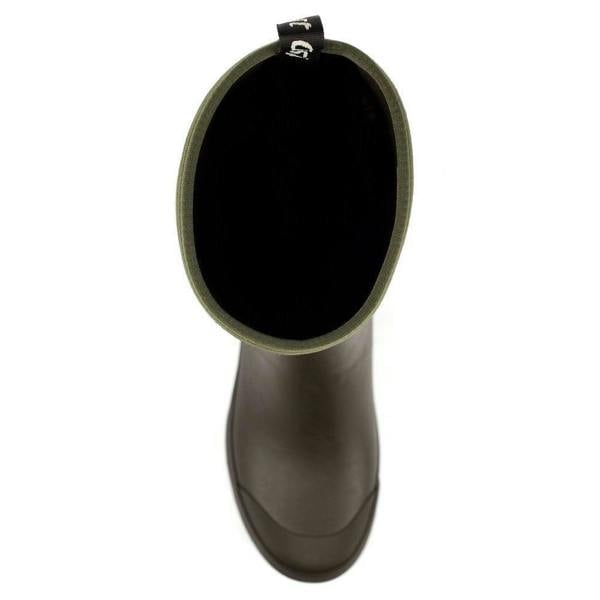 GriSport Mudmaster Mens/Womens Neoprene Fishing Hunting Farm Wellies Boots, top view of a black rubber and neoprene wellington boot with green trim and pull tab