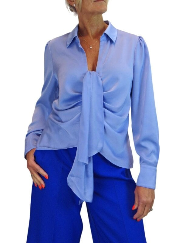 Paulo Due Women's Long Sleeve Tie Front Satin Blouse Shirt - Blue