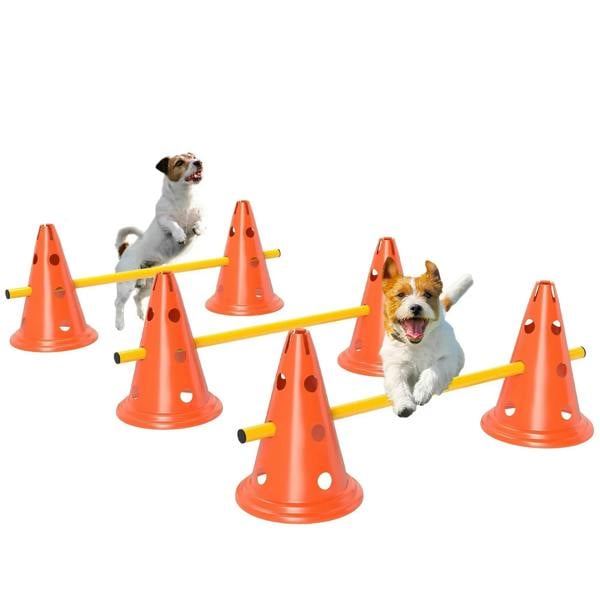 Orange dog agility jump poles with six cones obstacle set