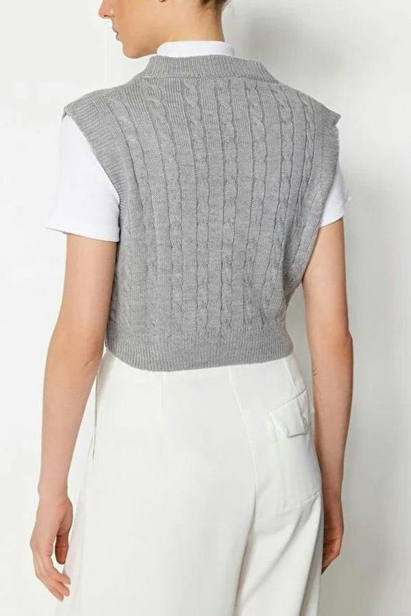 WOVCOR Crop V-Neck Knit Sweater
