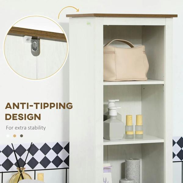 White tall cabinet with wall anti-tipping bracket and open shelf compartments