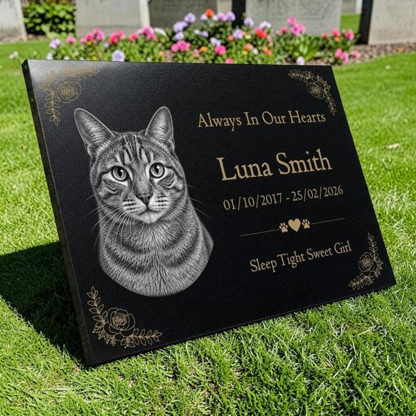 Memorials Direct Cat Memorial Granite Photo Plaque - Floral Design