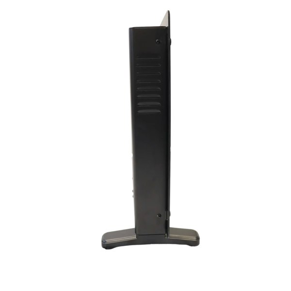 The thin side of the black glass panel heater with the freestanding feet attached