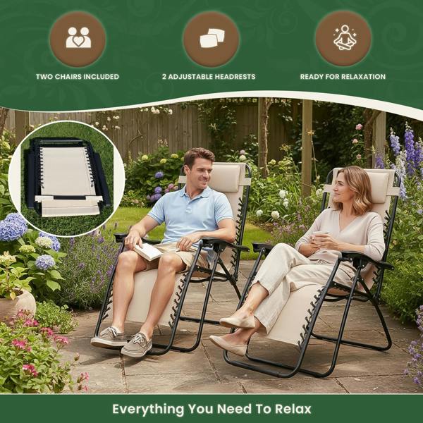 Reclining Garden Chairs – Set of 2 Folding Sun Loungers with Lockable Positions, Adjustable Headrest & Weatherproof Textoline, Beige