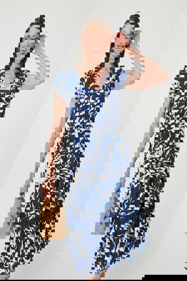 Blue | Leaf Print Cap Sleeve Lace Midi Dress