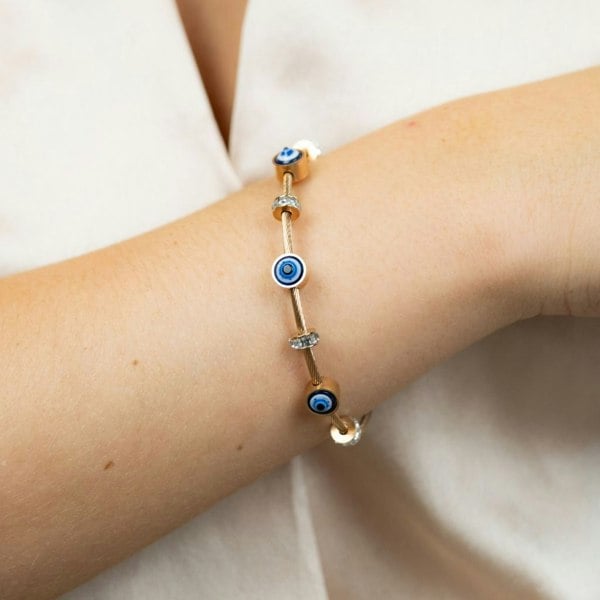 The Colourful Aura Blue Evil Eye Brass Gold Zircon Magnetic Bangle Bracelet