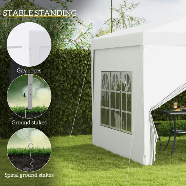 White pop-up gazebo with guy ropes and ground stakes, side window panel