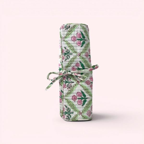 Hayley & Co Cotton Jewellery Roll - Green and Pink Block Print Floral