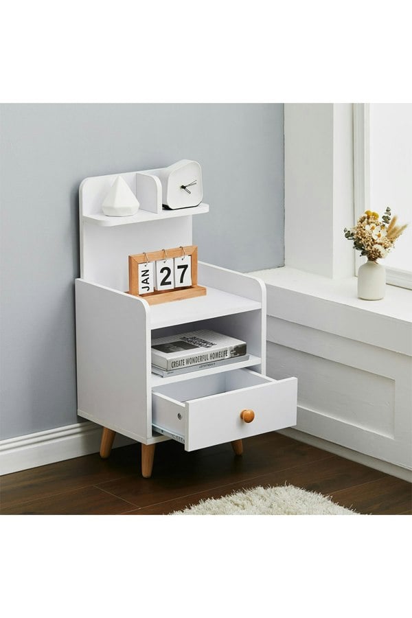 Living and Home One Drawer Wooden Bedside Table With Wooden Legs