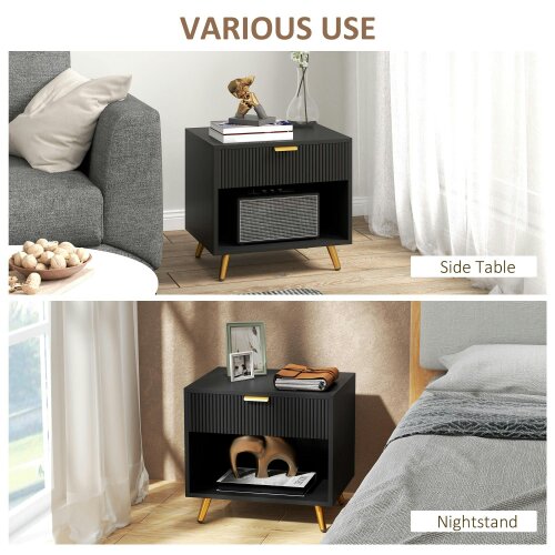 Wyld Haus Hana Bano Black And Gold Tone Elegant Bedside Table With Ribbed Drawer And Shelf