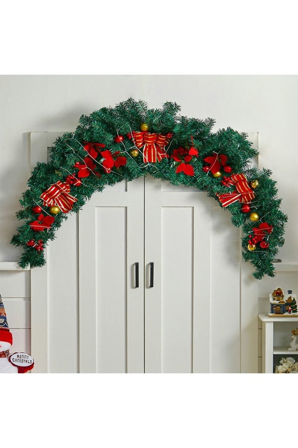 Living and Home 1.8m Artificial Christmas Swag with LED Light Bows Flowers Balls Decorative Swag Wreath for Front Door Fireplace