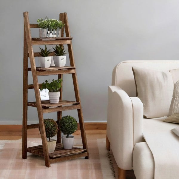 BMBO 4 Tier Wooden Free Standing Ladder Shelf Natural Brown