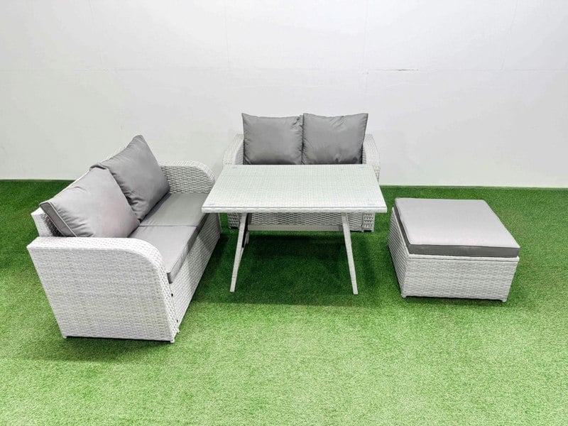 Fimous 5 Seat Outdoor Love Sofa Set Rattan Garden Furniture Set with Rectangular Dining Table Big Footstool Light Grey