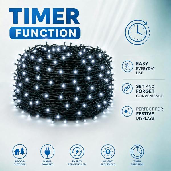 Cool White LED Fairy String Lights with Green Cable, 8 Modes, Memory and Auto Timer image 5