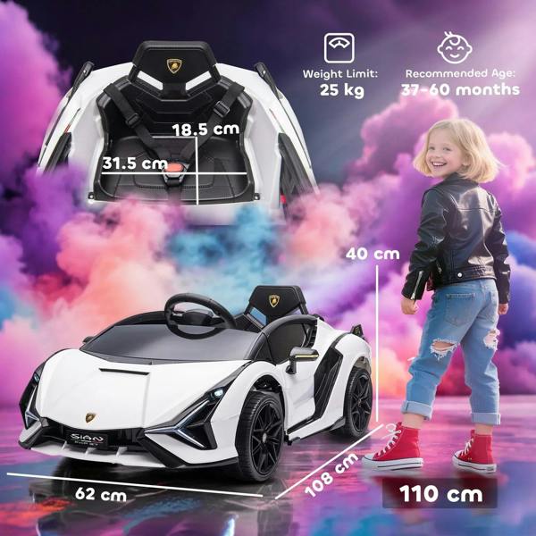 White kids electric ride-on car with black accents and child standing beside it.
