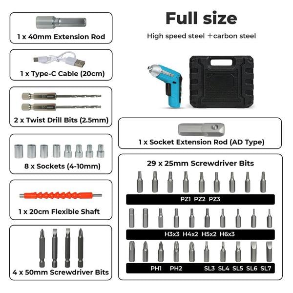 Traderight 47pcs Cordless Screwdriver Set 1300mAh Rechargeable 3.0N.m Torque