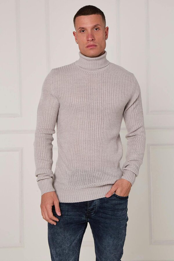 Men’s Ribbed Turtleneck Jumper - Light Grey