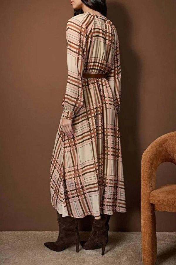 WOVCOR Argyle Belted Midi Lined Woven Dress