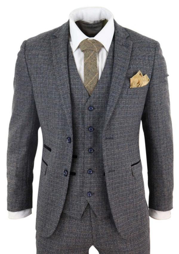 Paul Andrew Mens 3 Piece Navy Blue Tweed Check Vintage Retro Suit