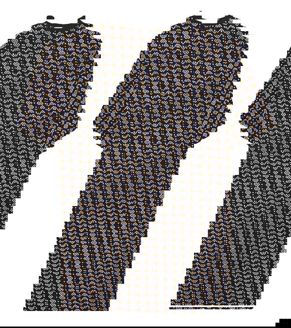 Lambretta Mens All Over Geometric Smart Classic Retro T-Shirt, black t-shirt with a detailed pattern of yellow, white, and blue diamonds and squares.