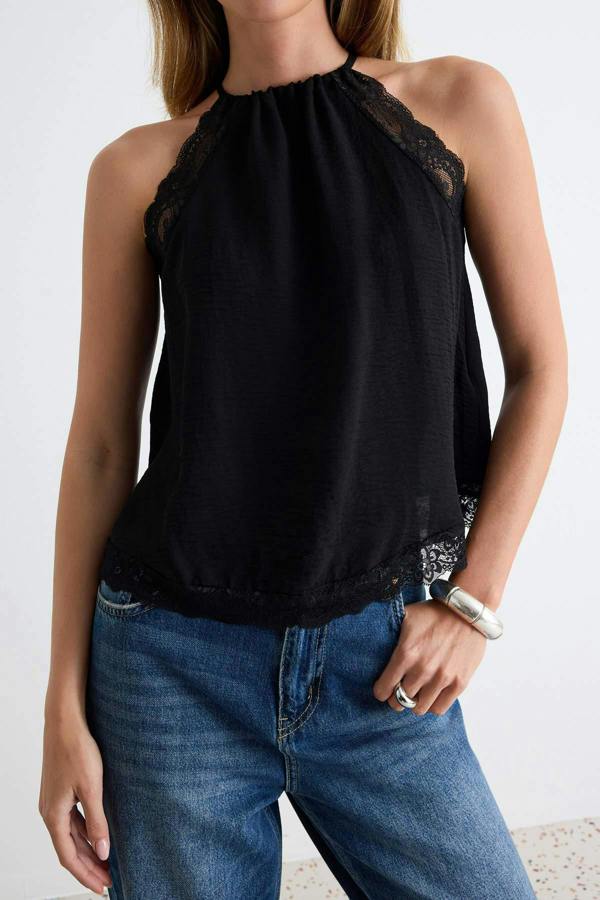WOVCOR Lace Detail Halter Neck Sleeveless Woven Blouse