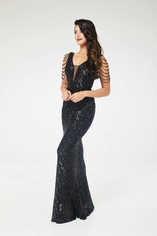 LuvForever Zyana - Black Jewelled Sequin Maxi Dress