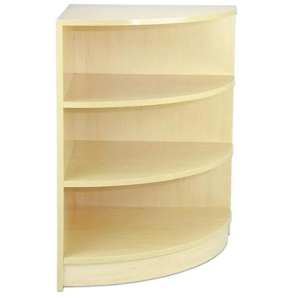Curved maple shop counter with four spacious shelves, featuring a smooth finish and modern design, ideal for retail displays