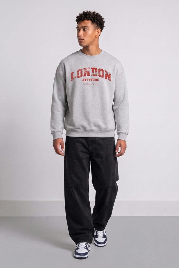 London Attitude Relaxed Fit Collegiate Graphic Sweatshirt in Red - Heather grey