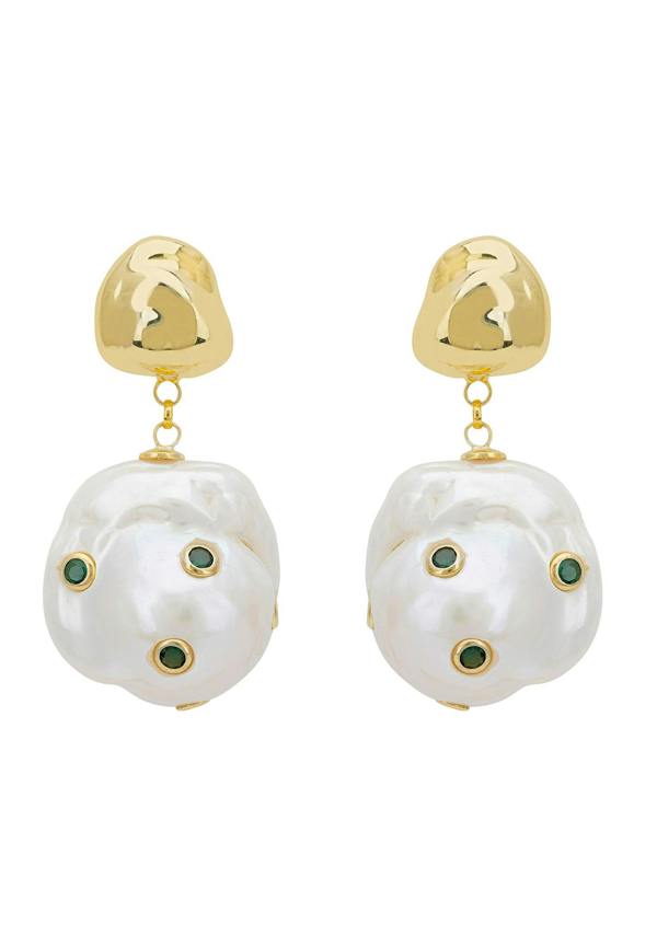 Latelita Polka Dot Baroque Pearl Drop Earrings Gold Emerald