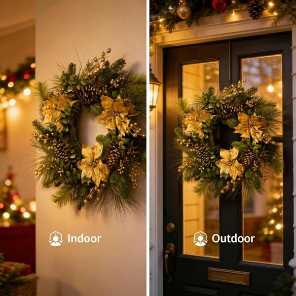 60cm Gold Poinsettia, Berry and Cone Artificial Christmas Wreath for Indoor Display image 5