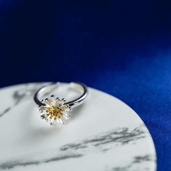 The Colourful Aura Silver Sunflower Daisy Tiny Slim Adjustable Floral Stackable Ring