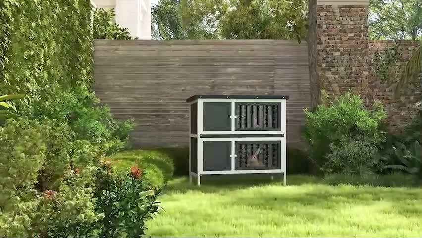 PawHut Double Decker Rabbit Hutch Bunny Cage Pet House Outdoor W/ Tray, Grey