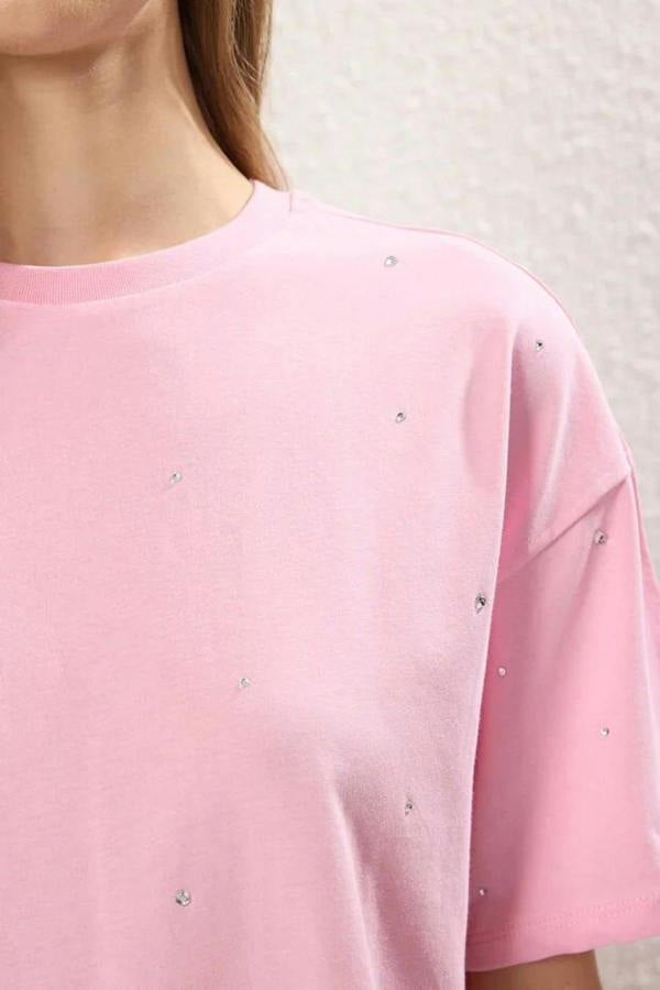 WOVCOR 100% Cotton Stone Detail Crew Neck Knitted T-Shirt