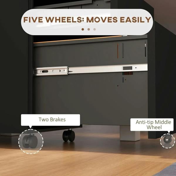 Underside view of black filing cabinet showing five wheels, two brakes, and anti-tip wheel