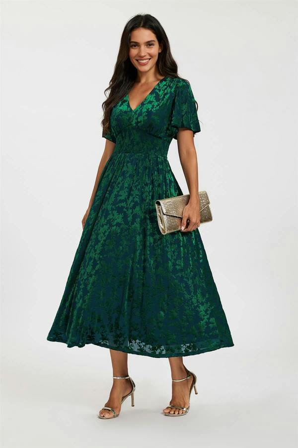 FS Collection Green Velvet Burnout V-Neck Angel Sleeve Midi Dress