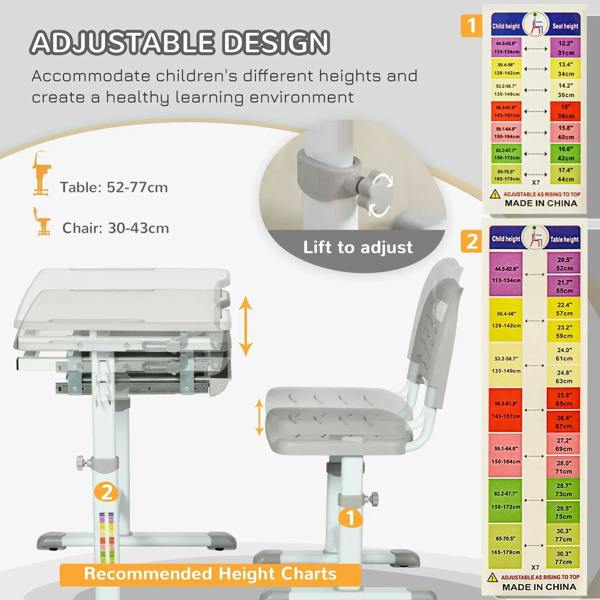 Kids adjustable writing desk and chair set with lift adjustment and height chart view