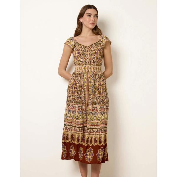 Blue Vanilla V Neck Embroidery Trim Paisley Maxi Dress
