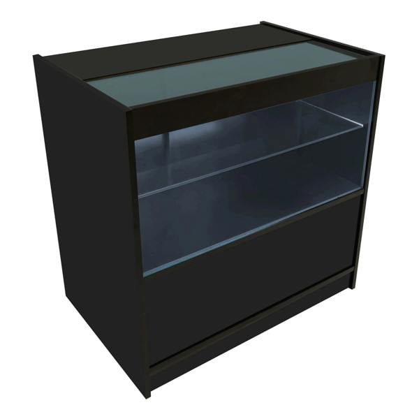 Black Europa LED shop counter set featuring a sleek design, glass top, illuminated shelves, and smooth surfaces for display