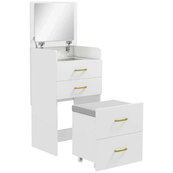 White compact dressing table with open mirror, storage drawers, and matching stool