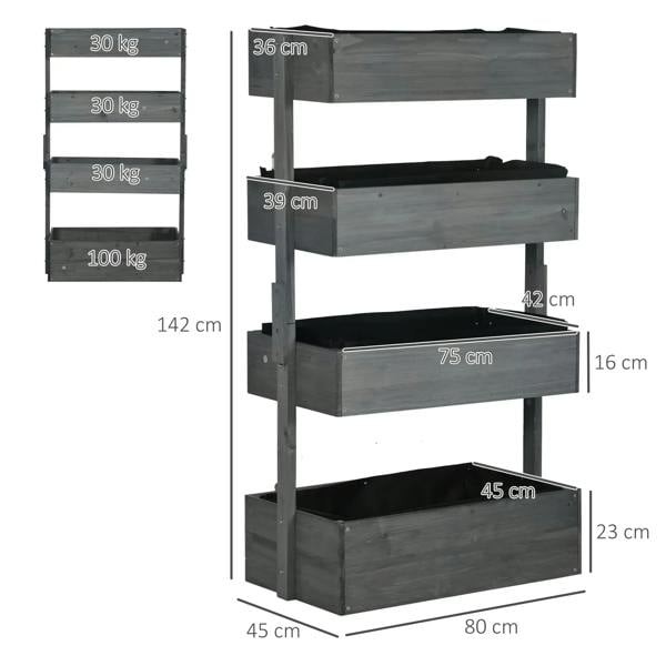 Four-tier grey wooden plant stand with four stacked planter shelves and railings