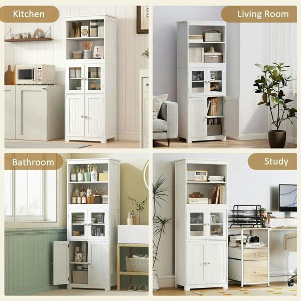 White freestanding storage cabinet staged for kitchen, living, bathroom, and study storage