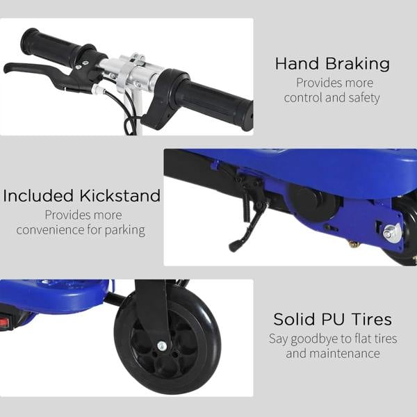 Blue electric kids scooter with hand brake lever, kickstand, and solid PU tires