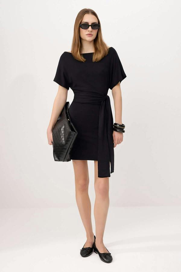WOVCOR Bodycon Asymmetric Neck Tie Detail Short Sleeve Mini Dress - Black