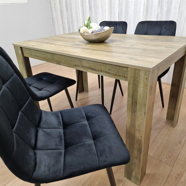 Kosy Koala Dining Table and 4 Chairs Rustic Effect Wood Table 4 Black Velvet Chairs Dining Room