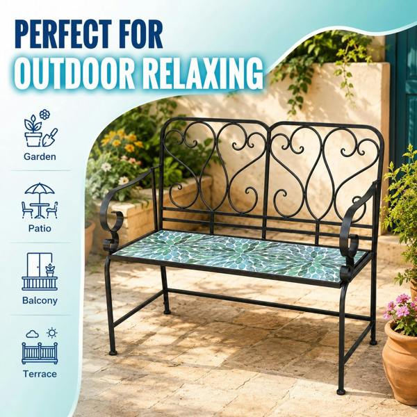 Leaf Mosaic 2 Seater Garden Bench, 112cm Outdoor Patio Seat with Ceramic Tile Seat, Scrollwork Backrest & Metal Frame image 9